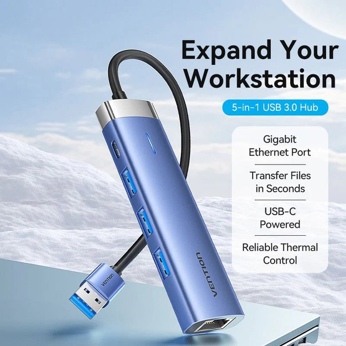 Vention Hub USB 3.0 TgfSb con 3 puertos USB, 1 RJ45 y 1 USB Tipo-C PD